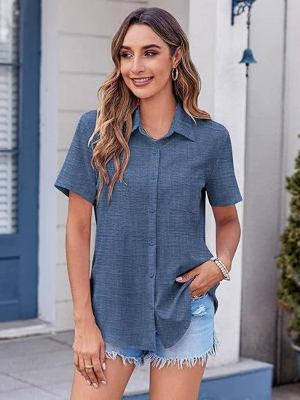 ZARA Spring Summer Retro Slim Fit Solid Short Sleeve Collar Blouse for Women